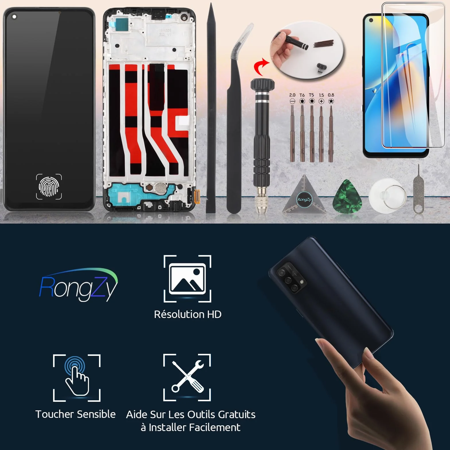 Écran OLED LCD 6.43" Oppo A74 4G Remplacement avec Cadre Noir