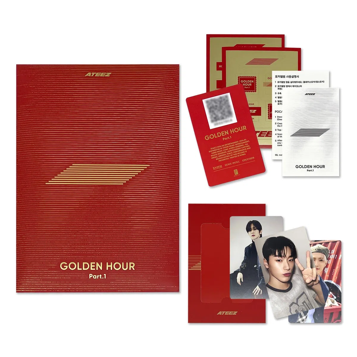 ATEEZ - [GOLDEN HOUR : Part.1] (POCAALBUM Ver.) Package Cover + Photo Stand + QR Card + Image Card + Photocard + Sticker Set + Digital Contents + User Guide + 2 Pin Badges + 4 Extra Photocards