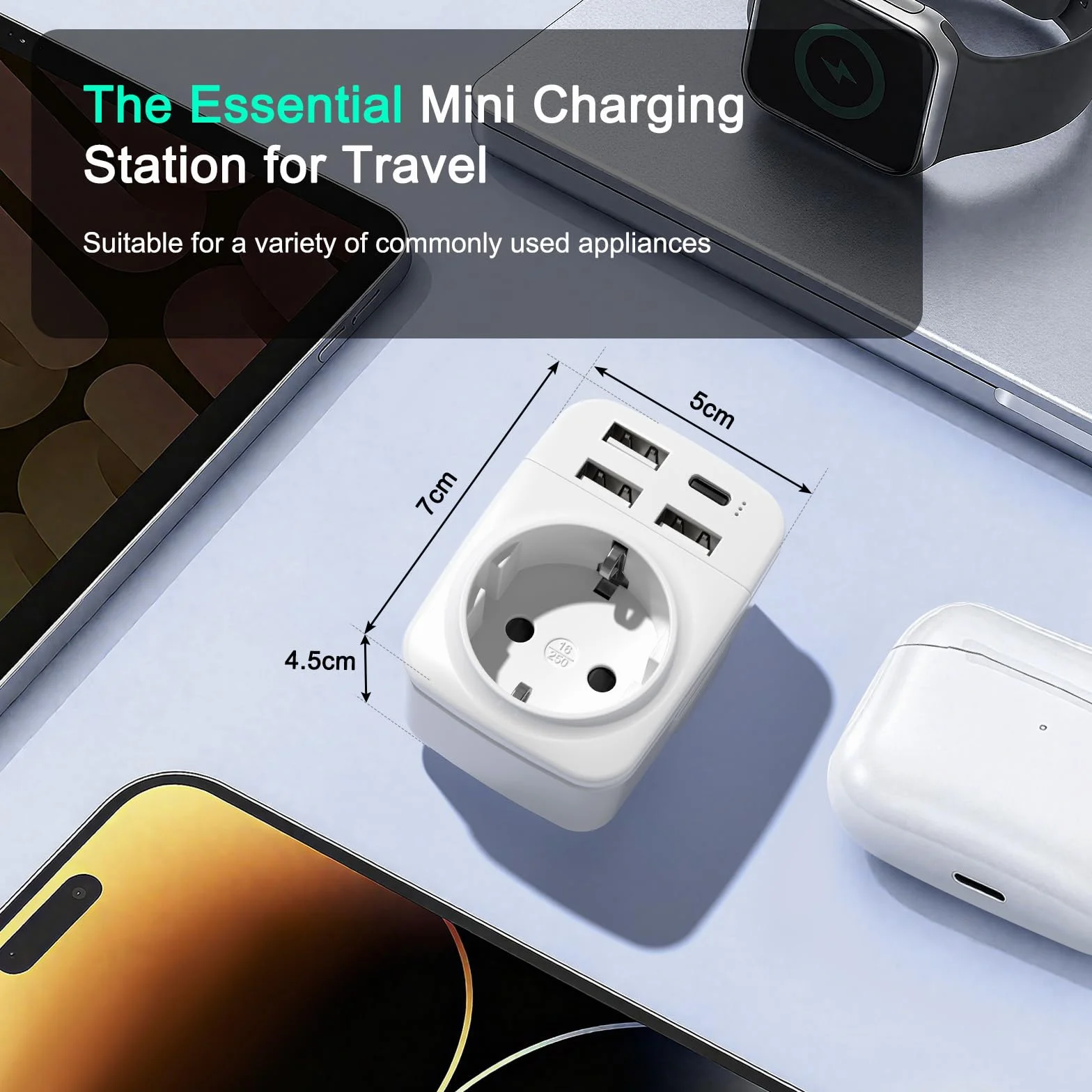 Hoppac 5 en 1 Adaptateur Prise USA Type B avec 3 USB A et 1 USB C pour Canada, Mexique, Colombie
