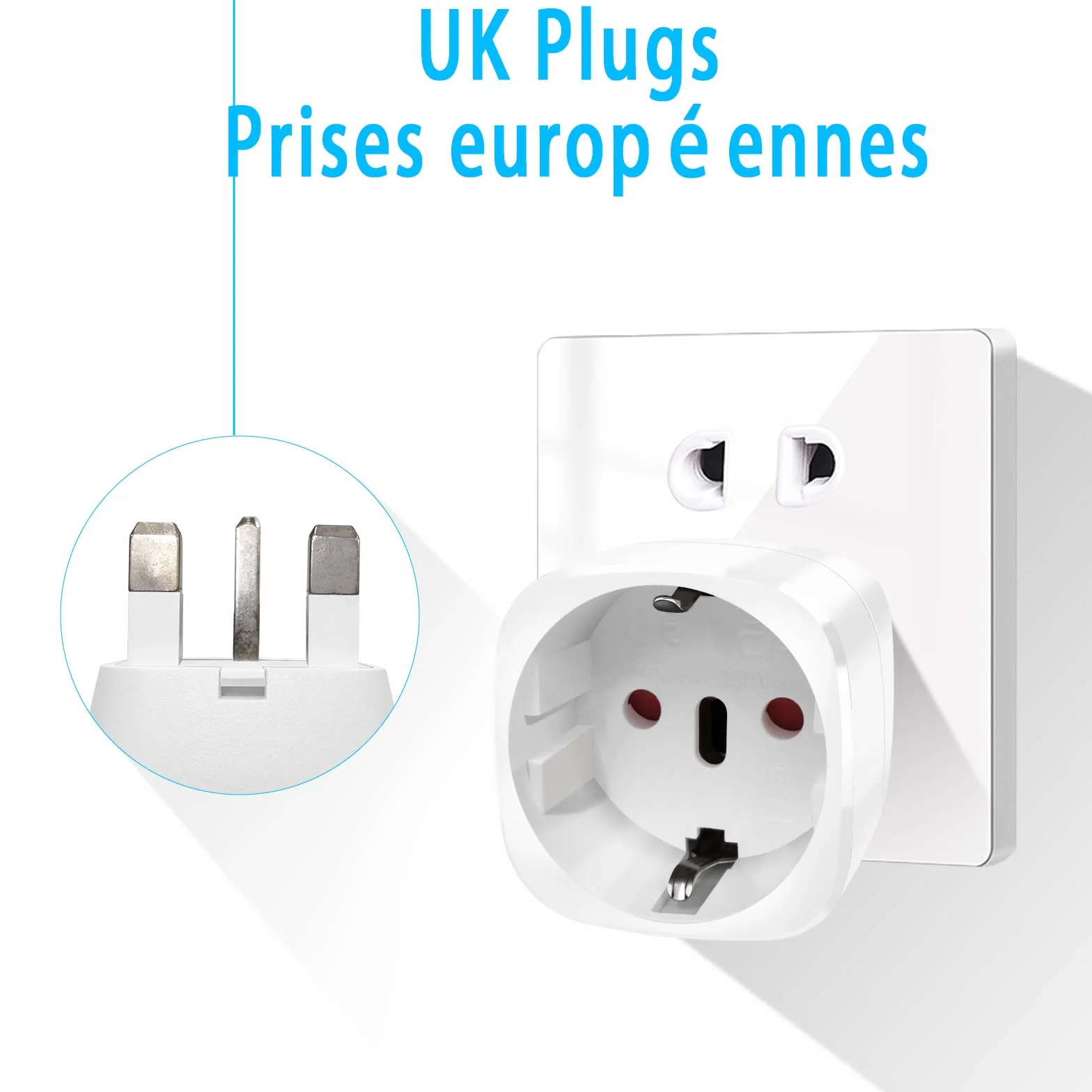 Adaptateur Prise Anglaise Type G, Adaptateur de Voyage France vers UK, 2 Pièces, Blanc