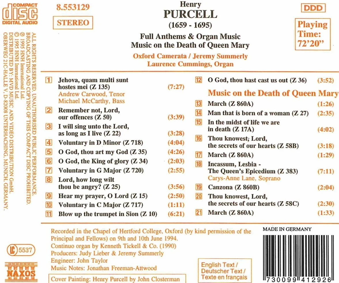 Purcell: Full Anthems & Organ Music - Music on the Death of Queen Mary