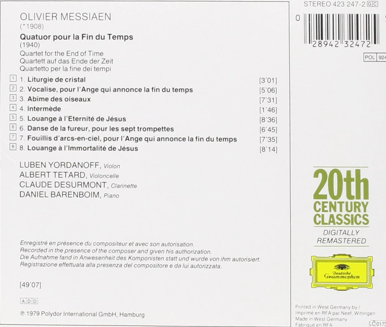 Messiaen Quatuor pour la fin du temps
