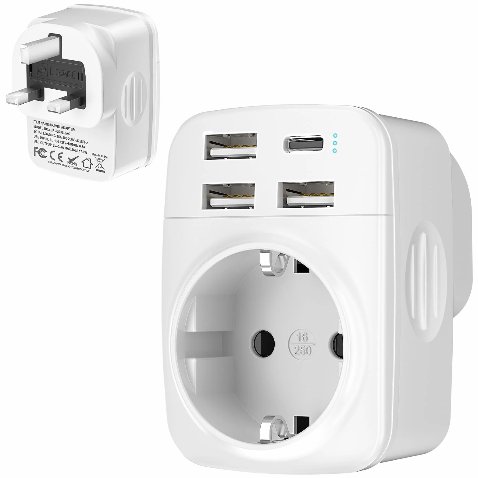Hoppac Adaptateur Prise Anglaise 5 en 1 Type G avec 3 USB A et 1 USB C pour Irlande, Hong Kong, Singapour