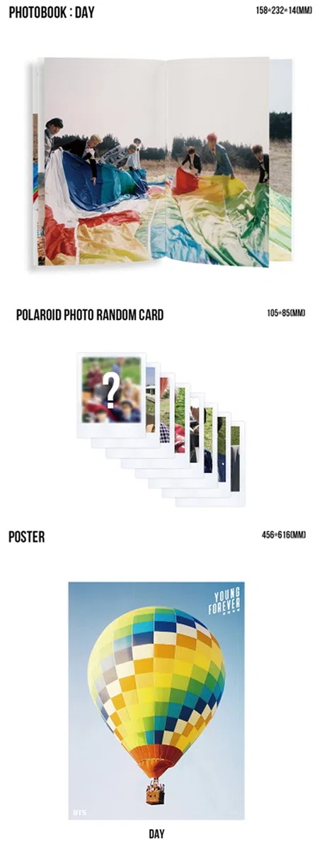 BTS Young Forever [Day Version] The Most Beautiful Moment in Life Album 2CDs+Poster+Photobook+Polaroid Photocard+(Extra BTS 6 Photocards+1 Double-Sided Photocard+Logo Sticker)