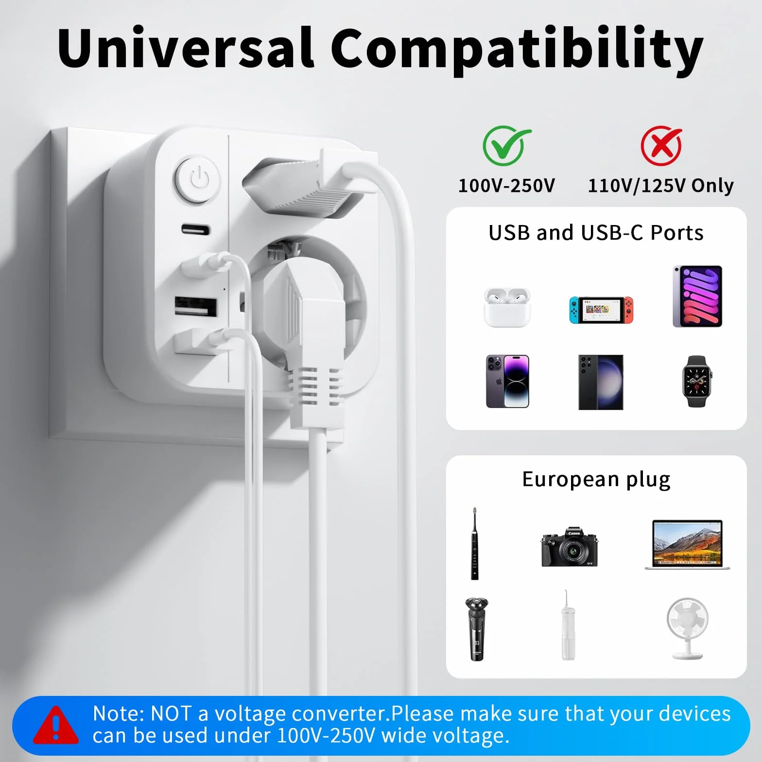 Adaptateur Prise Japon 6 en 1, 2500W Voyage avec 2 USB C et 2 USB A, Schuko vers Type A USA Chine Canada Thaïlande