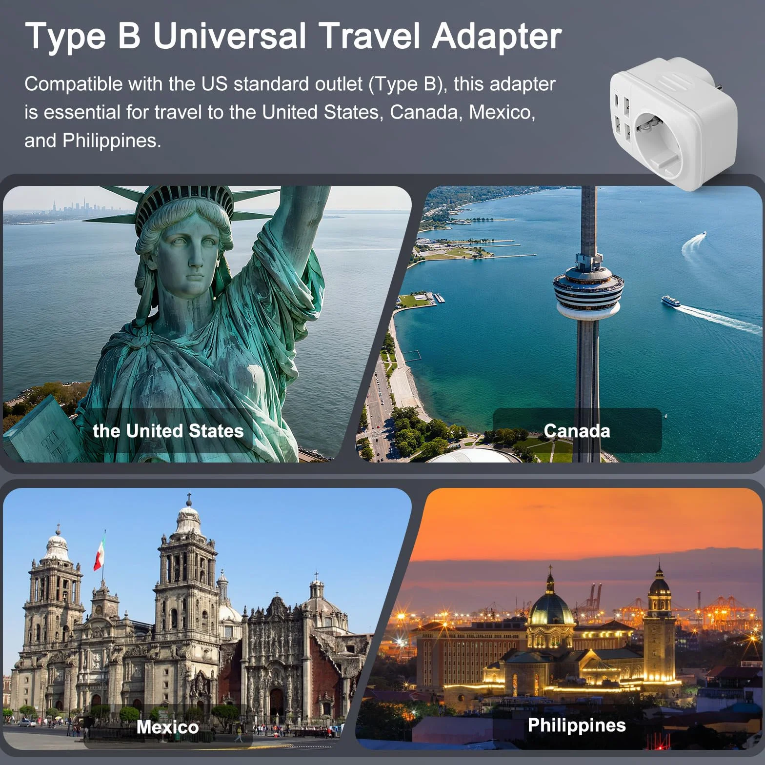 Hoppac 5 en 1 Adaptateur Prise USA Type B avec 3 USB A et 1 USB C pour Canada, Mexique, Colombie