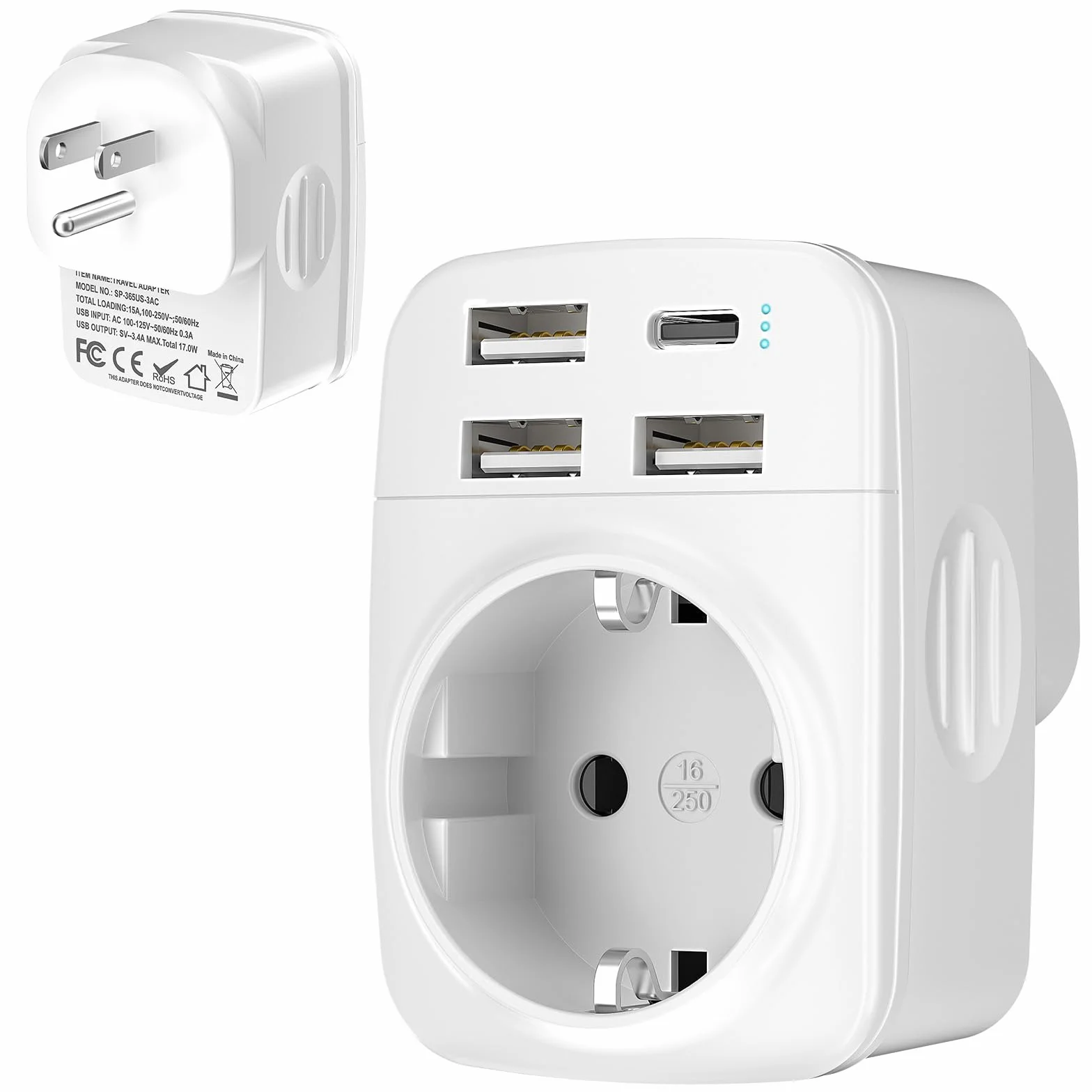Hoppac 5 en 1 Adaptateur Prise USA Type B avec 3 USB A et 1 USB C pour Canada, Mexique, Colombie