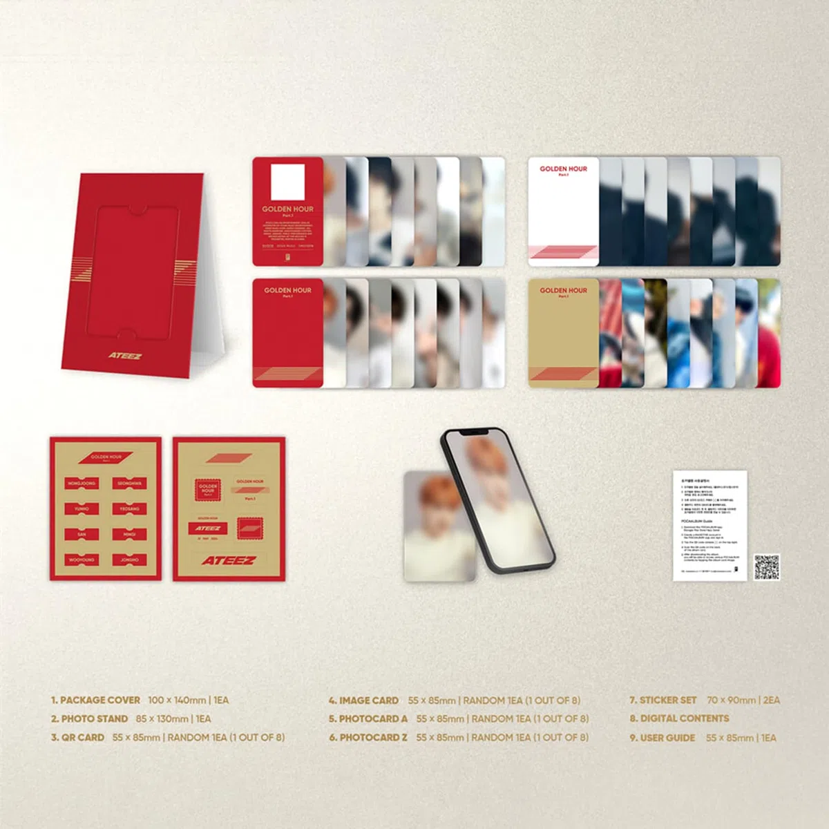 ATEEZ - [GOLDEN HOUR : Part.1] (POCAALBUM Ver.) Package Cover + Photo Stand + QR Card + Image Card + Photocard + Sticker Set + Digital Contents + User Guide + 2 Pin Badges + 4 Extra Photocards