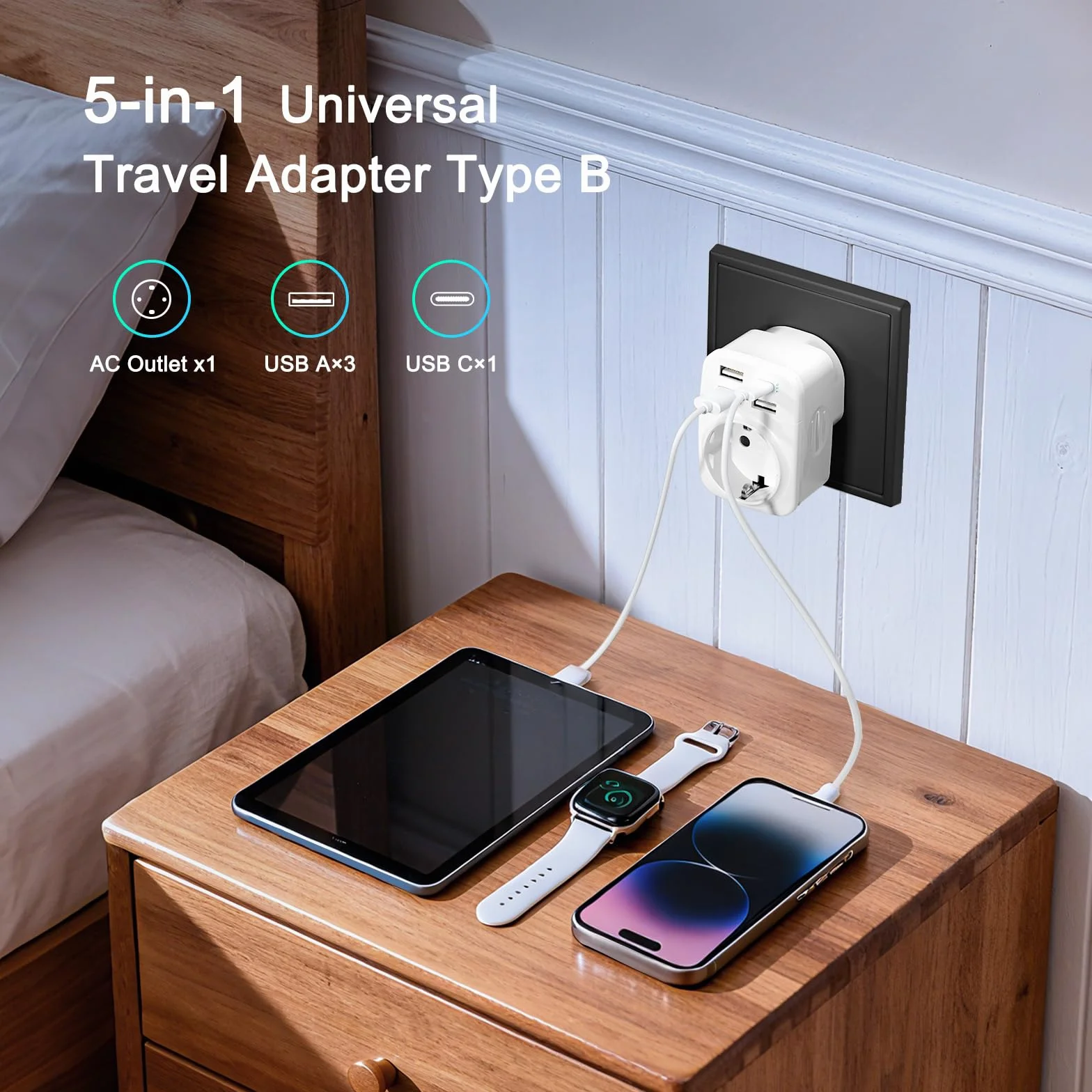 Hoppac 5 en 1 Adaptateur Prise USA Type B avec 3 USB A et 1 USB C pour Canada, Mexique, Colombie
