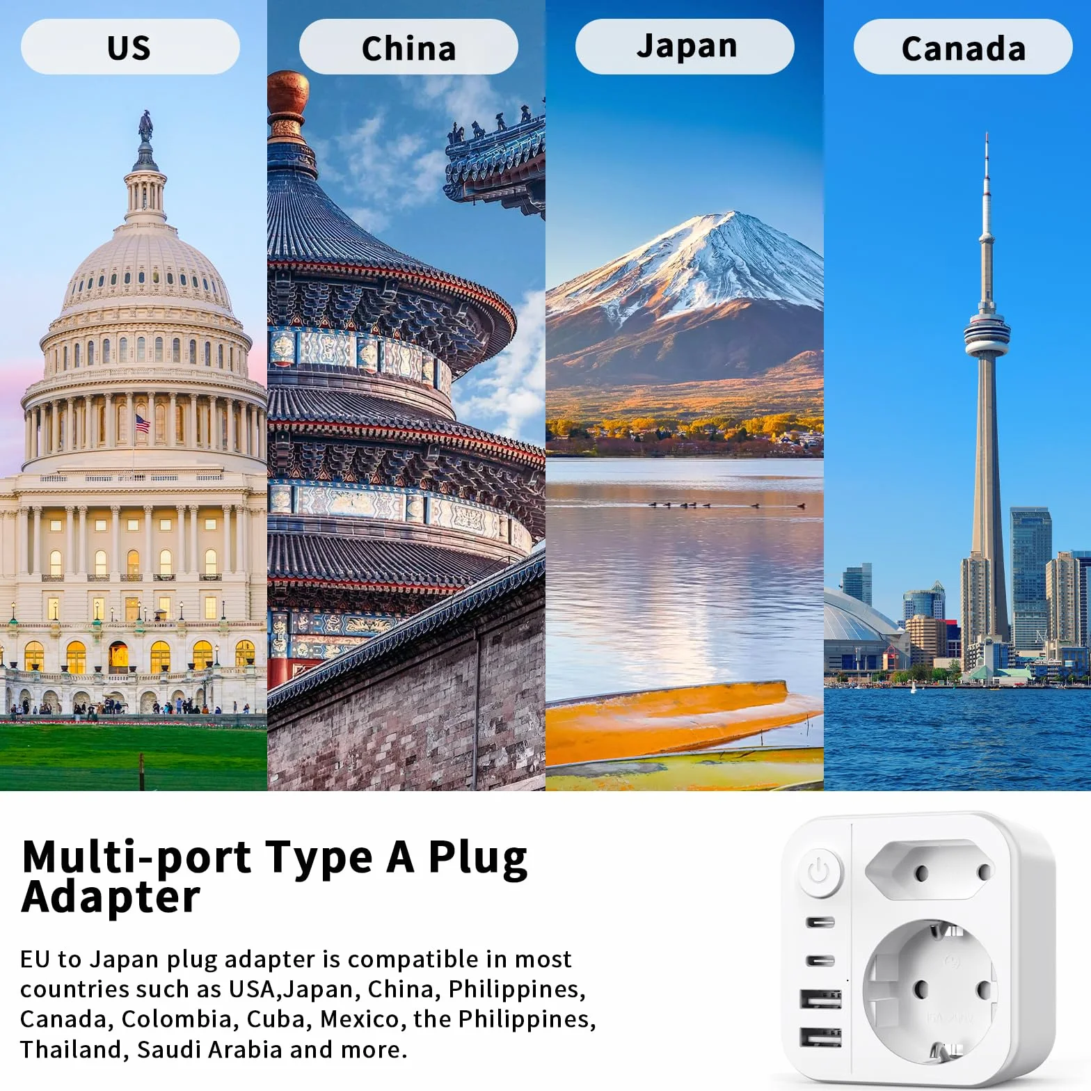 Adaptateur Prise Japon 6 en 1, 2500W Voyage avec 2 USB C et 2 USB A, Schuko vers Type A USA Chine Canada Thaïlande