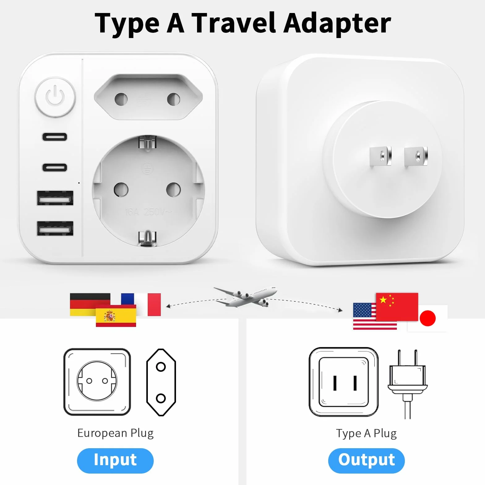Adaptateur Prise Japon 6 en 1, 2500W Voyage avec 2 USB C et 2 USB A, Schuko vers Type A USA Chine Canada Thaïlande
