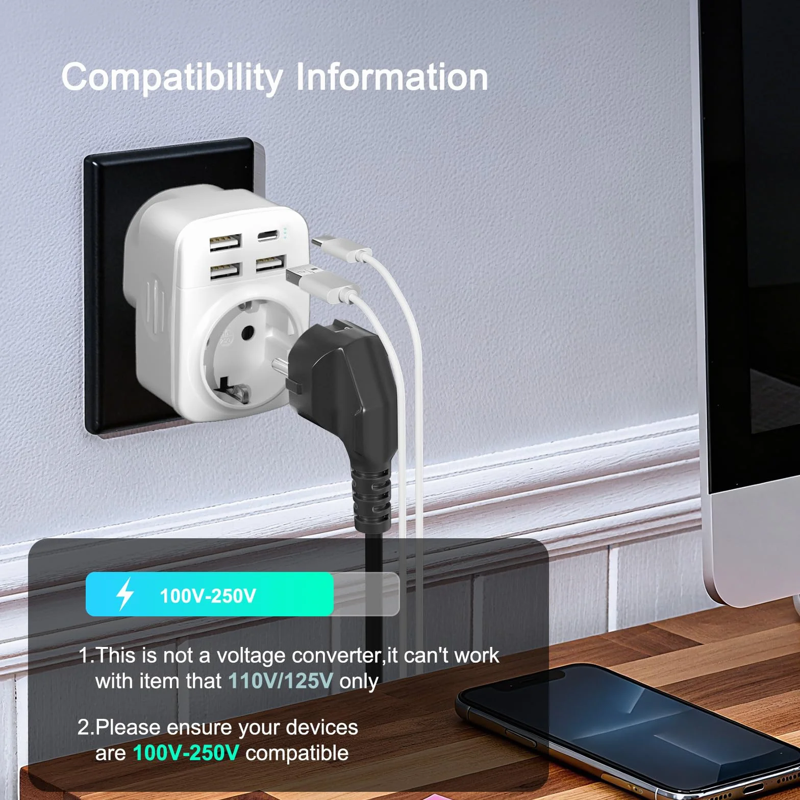 Hoppac 5 en 1 Adaptateur Prise USA Type B avec 3 USB A et 1 USB C pour Canada, Mexique, Colombie