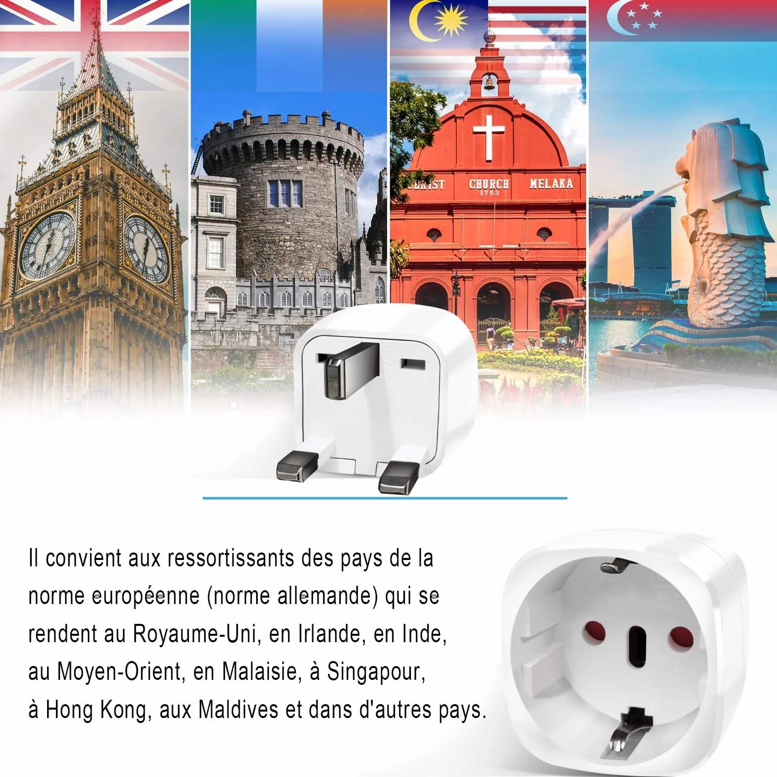 Adaptateur Prise Anglaise Type G, Adaptateur de Voyage France vers UK, 2 Pièces, Blanc