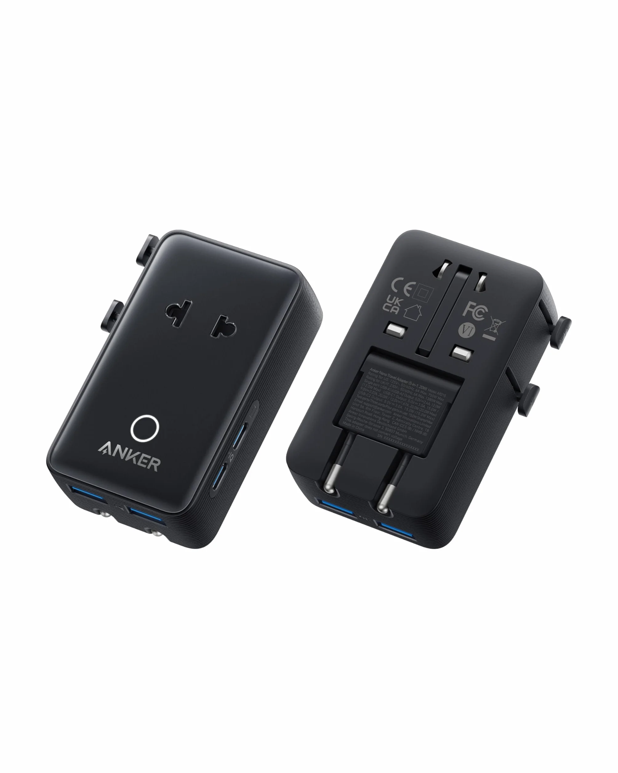 Anker Nano Adaptateur Prise Universelle Voyage 5 Ports 1 Prise CA 2 USB A 2 USB C Contrôle Intelligent Température 200+