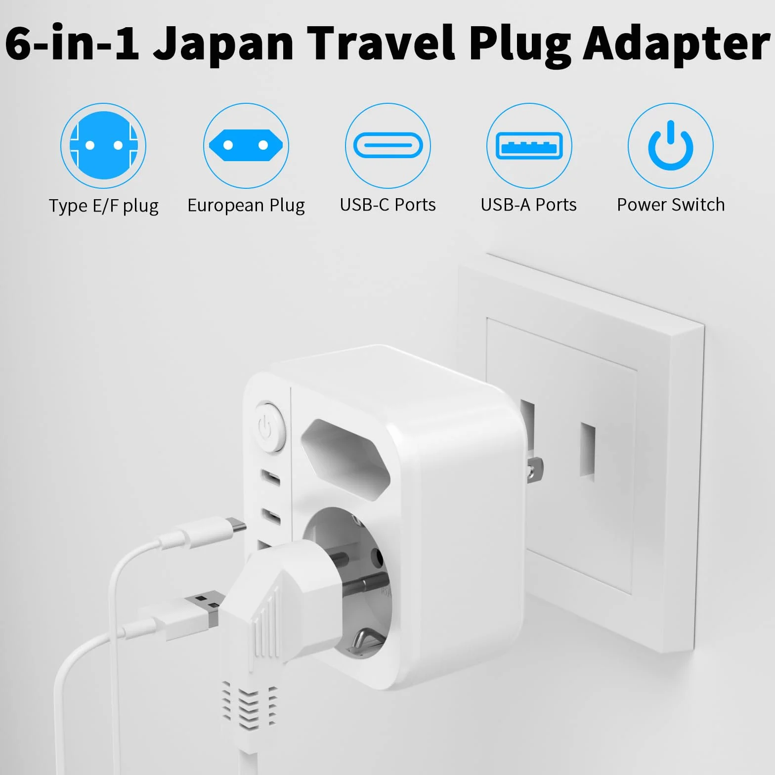 Adaptateur Prise Japon 6 en 1, 2500W Voyage avec 2 USB C et 2 USB A, Schuko vers Type A USA Chine Canada Thaïlande